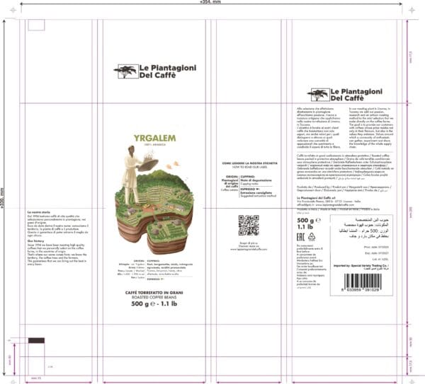 Yrgalem 500 g coffee beans bag packaging by Le Piantagioni del Caffè, Ethiopian Sidamo Typica Arabica with floral, bergamot, honey, and citrus notes, 24-month shelf life.