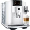 JURA E8 Piano White automatic coffee machine with milk frother and latte glass