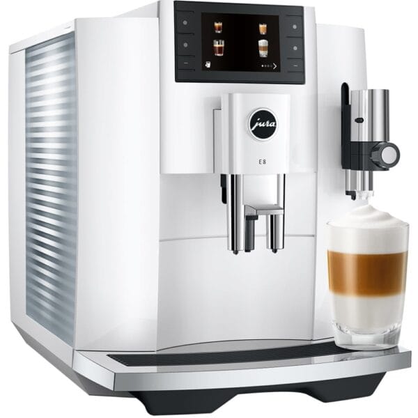 JURA E8 Piano White automatic coffee machine with milk frother and latte glass