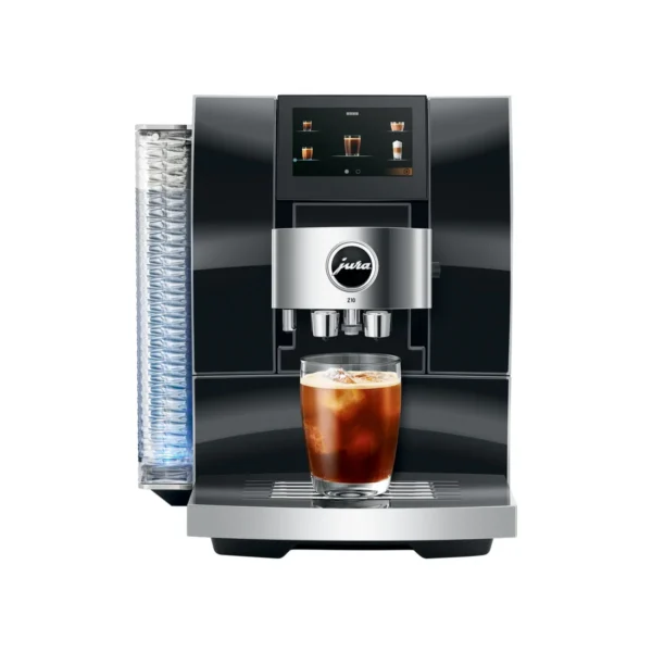Front view of JURA Z10 Diamond Black brewing a glass of iced coffee
