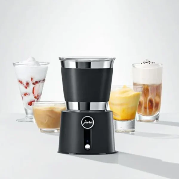 JURA Automatic Milk Frother Hot & Cold with various specialty drinks including cappuccino, iced coffee, and desserts.