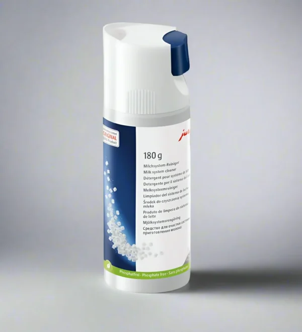 JURA Milk System Cleaner Mini-Tabs 180 g refillable bottle with dispenser cap.