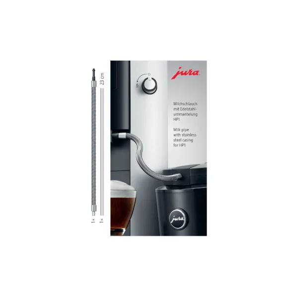 JURA milk pipe with stainless steel casing for HP1, shown with packaging and installation example on a coffee machine.