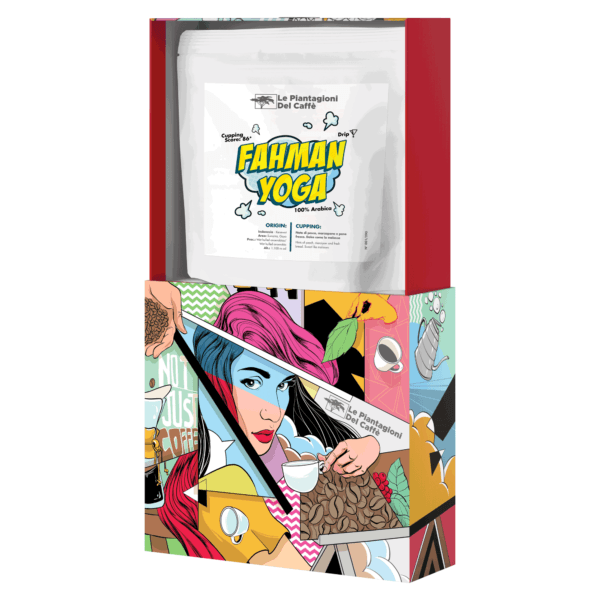 Indonesia Fahman Yoga 250 g drip coffee by Le Piantagioni del Caffè in open collector’s box with artistic pop-art design