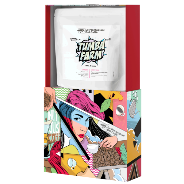 Rwanda Tumba Farm 250 g Dirompenti edition coffee by Le Piantagioni del Caffè in open colorful box, exclusive Red Bourbon Arabica with peach, caramel, and blackberry notes