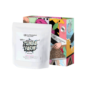 Rwanda Tumba Farm 250 g Dirompenti edition coffee by Le Piantagioni del Caffè in closed colorful box, exclusive Red Bourbon Arabica with peach, caramel, and blackberry notes.