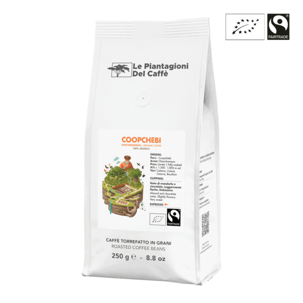 Coopchebi 250 g organic Fairtrade coffee beans by Le Piantagioni del Caffè, Peruvian Arabica with notes of almond, chocolate, and floral sweetness.