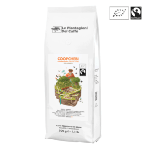 Coopchebi 500 g organic Fairtrade coffee beans by Le Piantagioni del Caffè, Peruvian Arabica with notes of almond, chocolate, and floral sweetness.