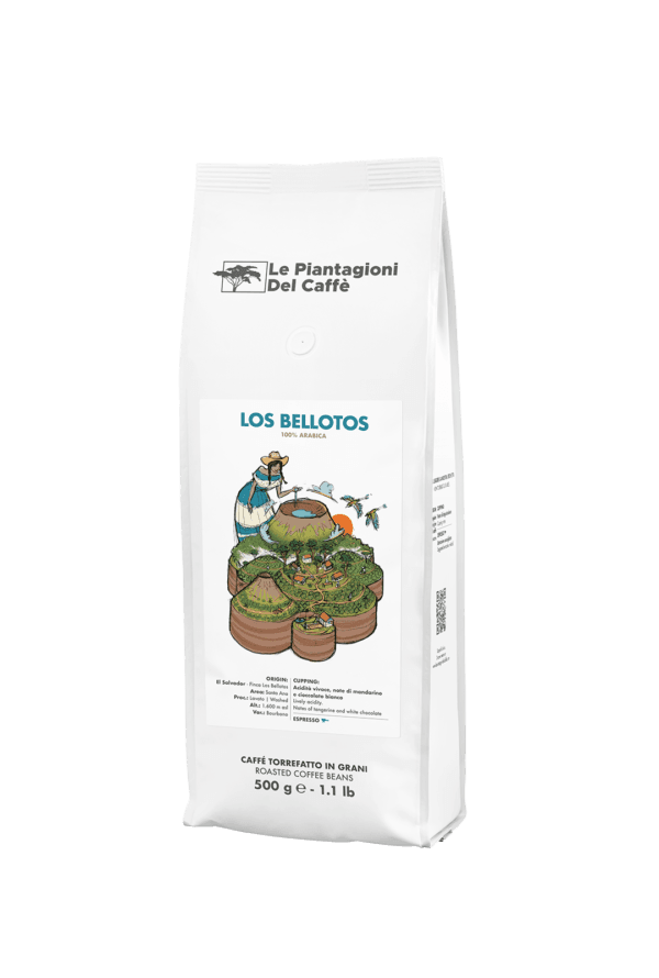Los Bellotos 500 g coffee beans bag by Le Piantagioni del Caffè, single-origin Bourbon Arabica from El Salvador with notes of tangerine and white chocolate.