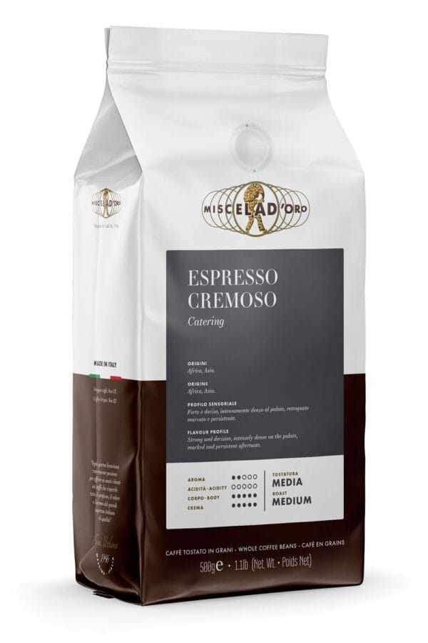 Miscela D’Oro Espresso Cremoso 1 kg bag of Italian whole coffee beans – medium roast espresso blend with full body, rich crema, and bold, persistent flavor from African and Asian origins