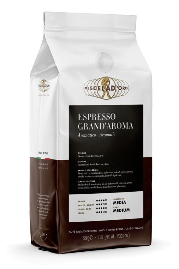 Miscela D’Oro Grand’Aroma 1 kg bag of Italian espresso whole coffee beans – medium roast blend with rich aroma, smooth body and notes of cocoa, whisky, tobacco and licorice